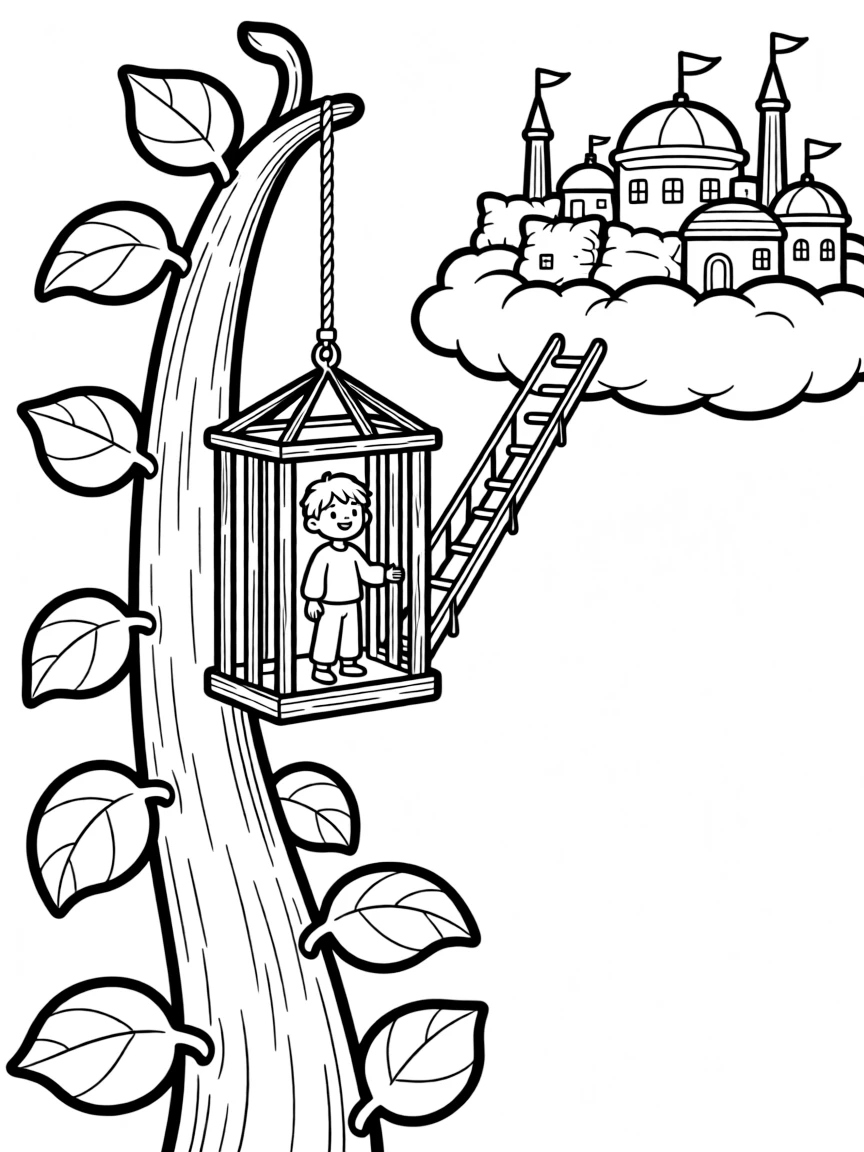 A magical elevator grown from a beanstalk connecting to cloud cities