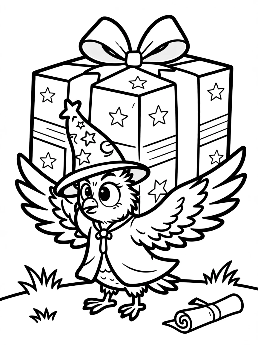 A wizard postal owl struggling with a package too large for its size