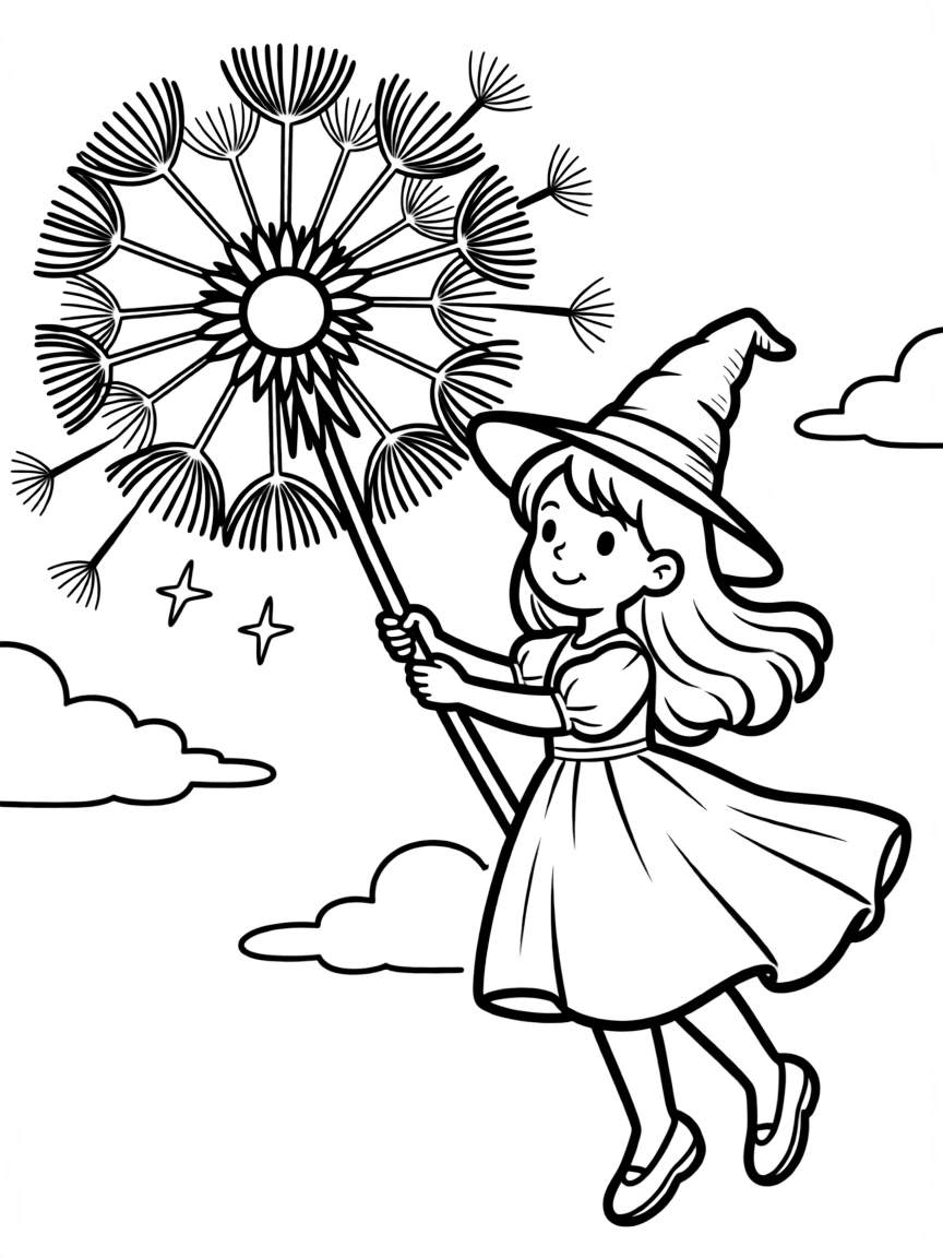 A witch using a giant dandelion seed to float gently through the air