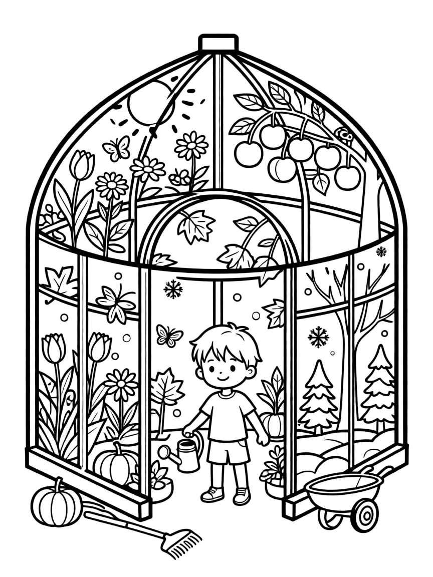 A magical greenhouse where seasons change in different corners