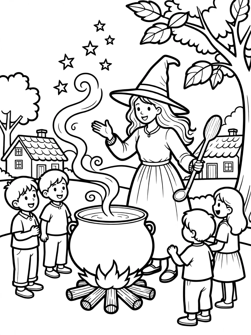 A witch teaching magical cooking techniques to village children