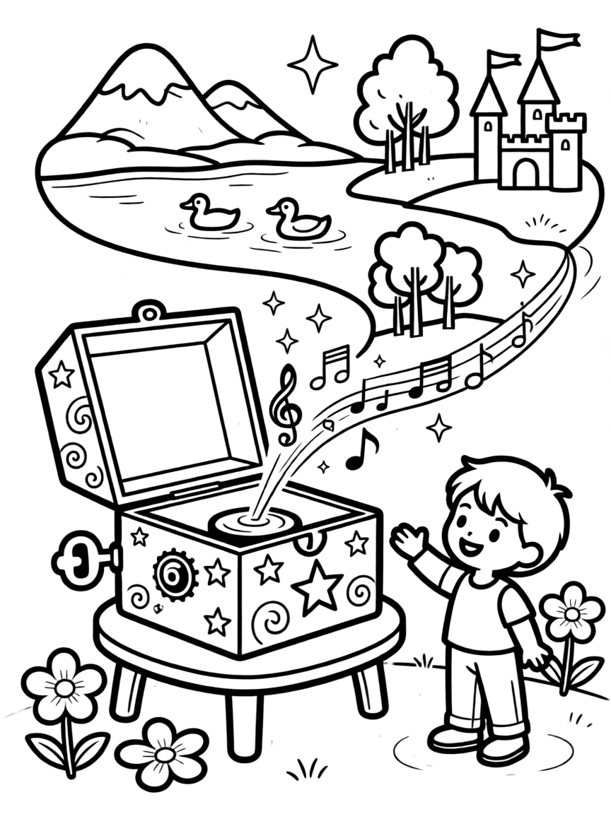 A magical music box that creates different landscapes when played