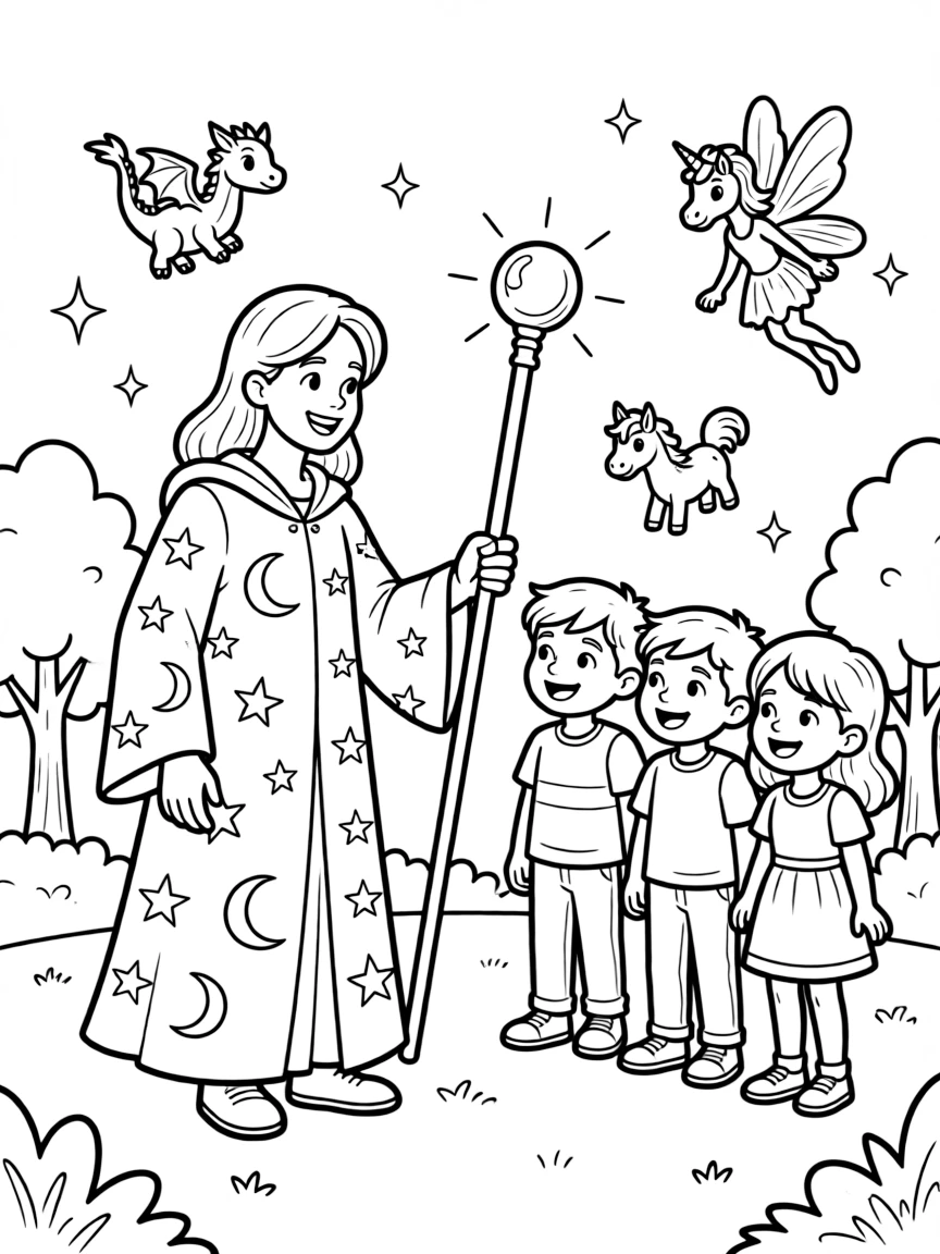 A wizard teaching youngsters how to properly greet magical creatures