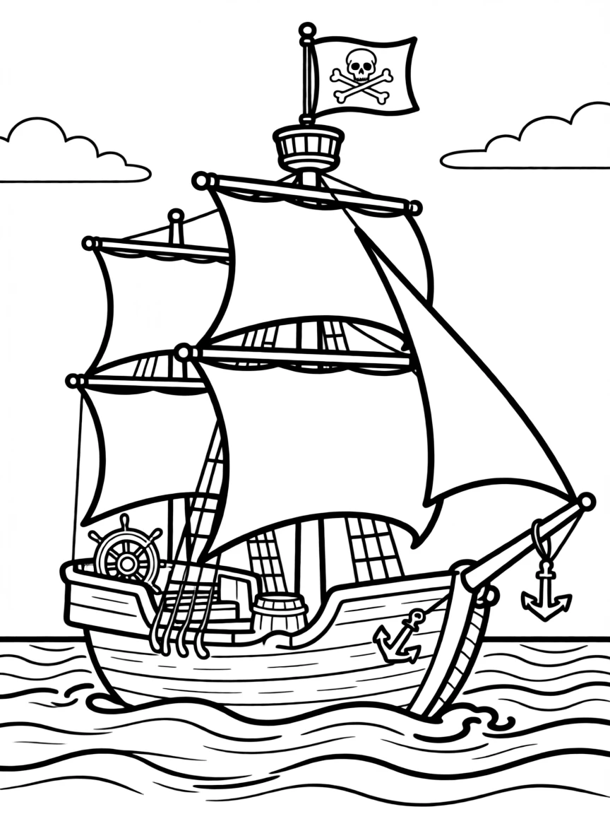 An old-fashioned pirate ship with skull and crossbones flag