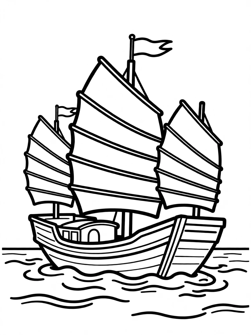 A traditional Chinese junk boat with distinctive fan-shaped sails