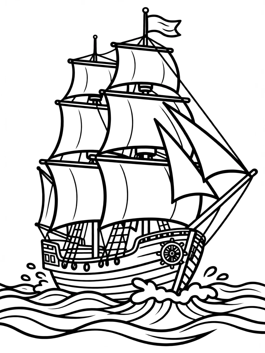 A clipper ship racing through waves with all sails unfurled