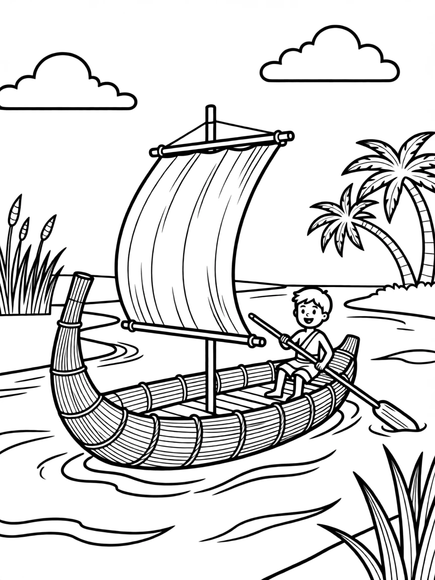 An ancient Egyptian reed boat floating down the Nile