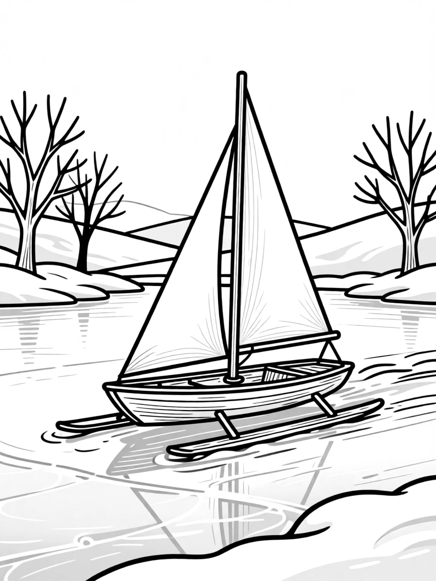 An ice boat racing across a frozen lake