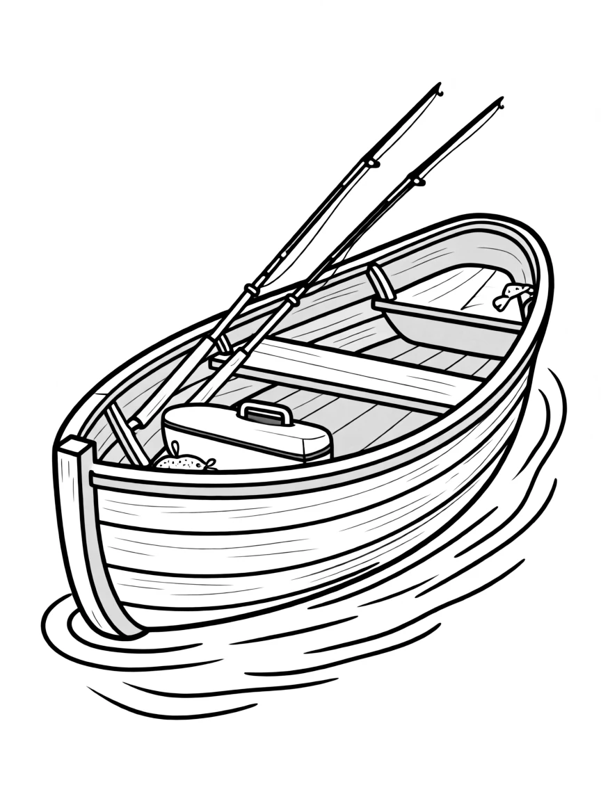 A small wooden fishing skiff with fishing poles and tackle box