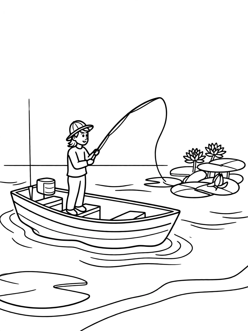 A bass fishing boat with angler casting into lily pads