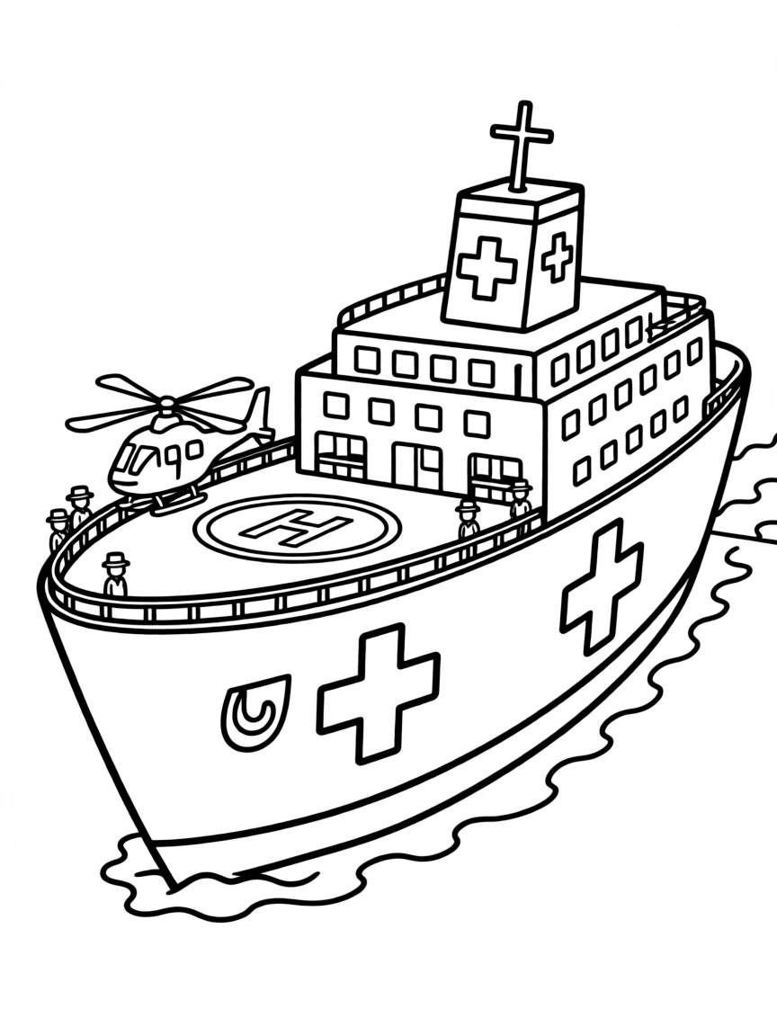 A hospital ship with medical symbols and helicopter landing pad