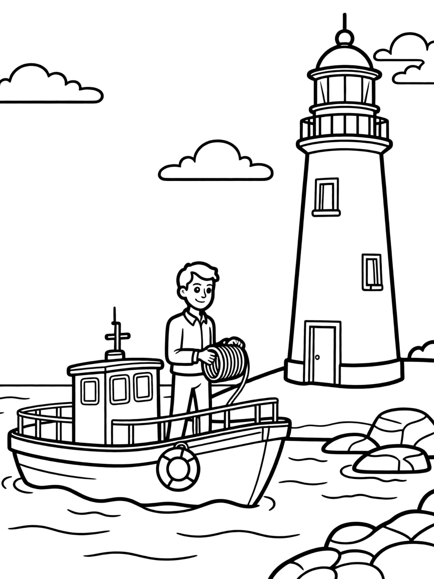 A lighthouse tender servicing a coastal lighthouse