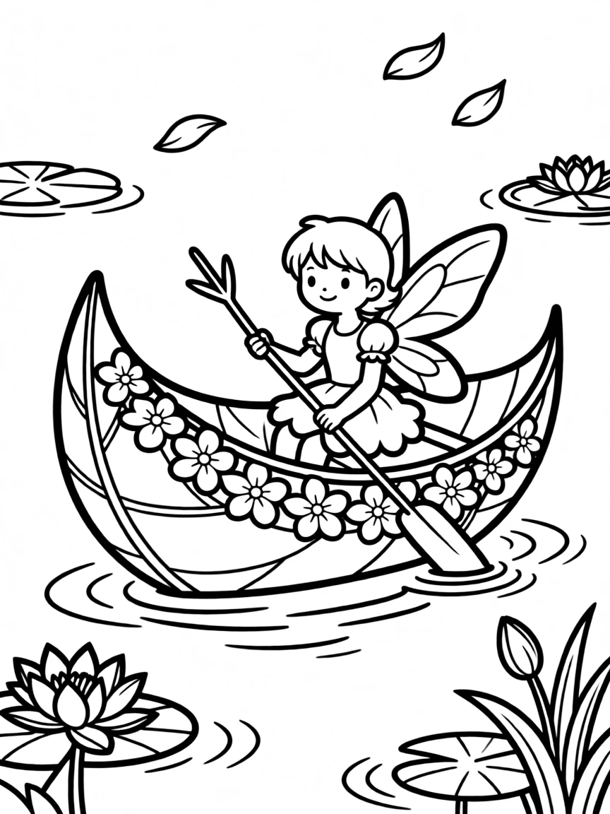 A fairy boat made from a large leaf and flower petals