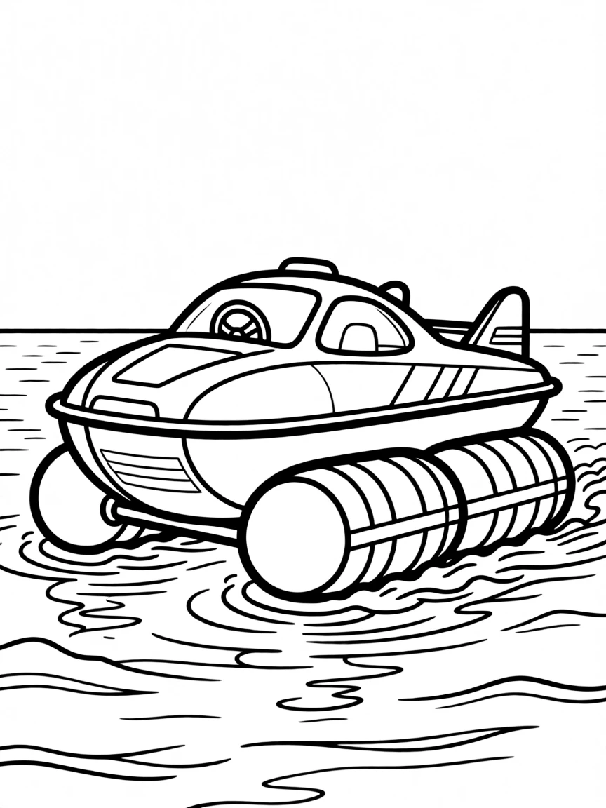 A futuristic hover-boat skimming above the water