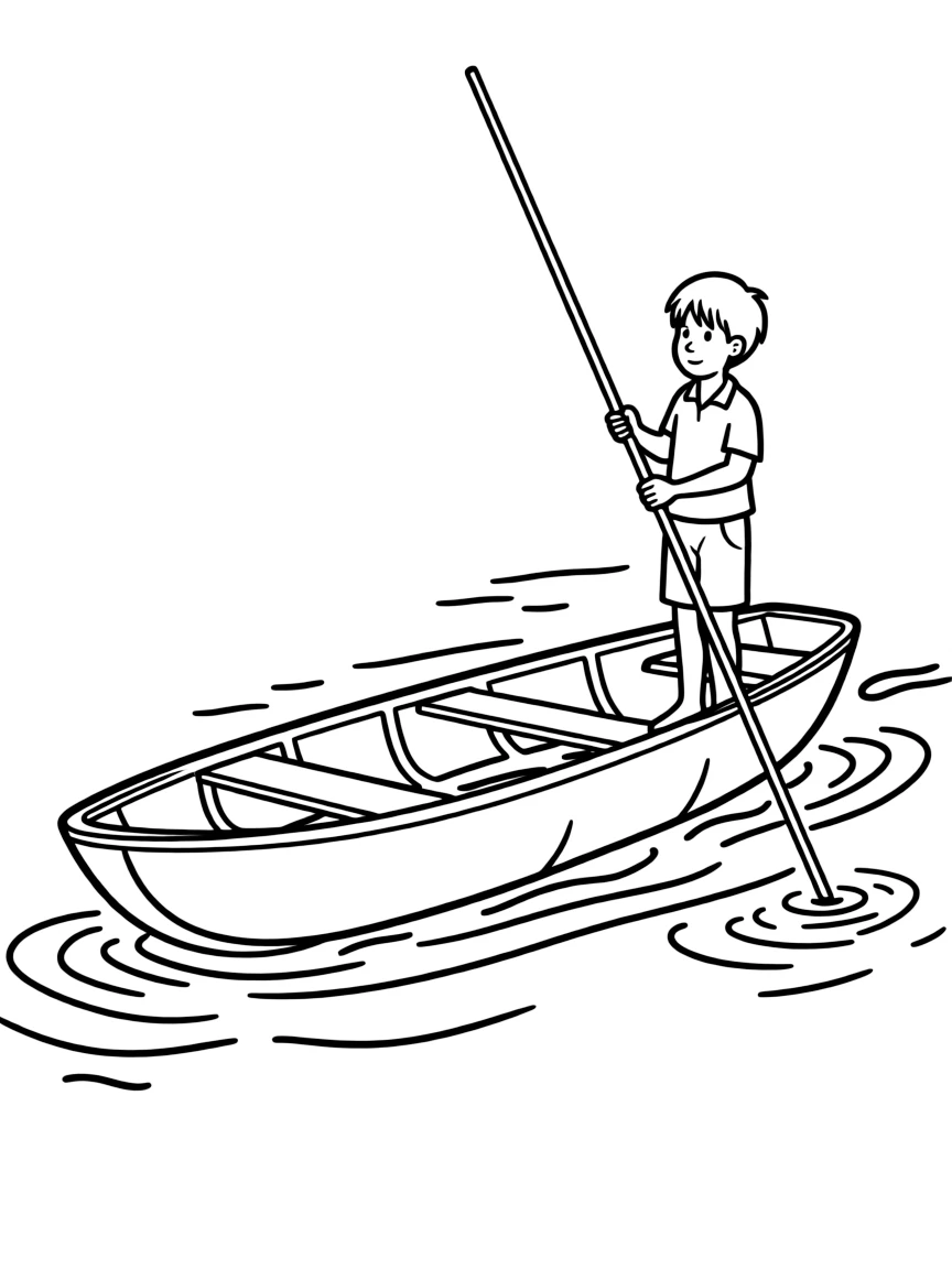 A flat-bottomed punt boat with a pole for steering
