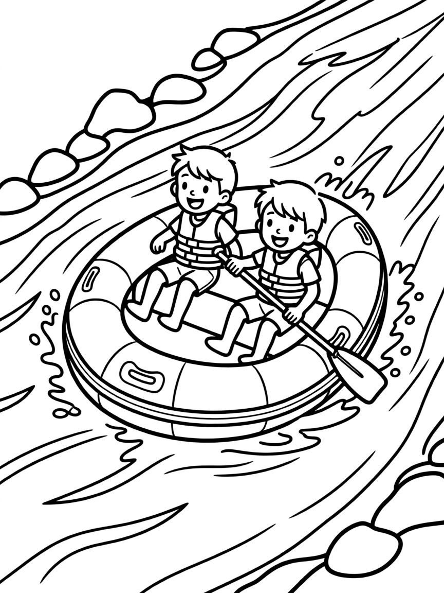 An inflatable river raft navigating white water rapids