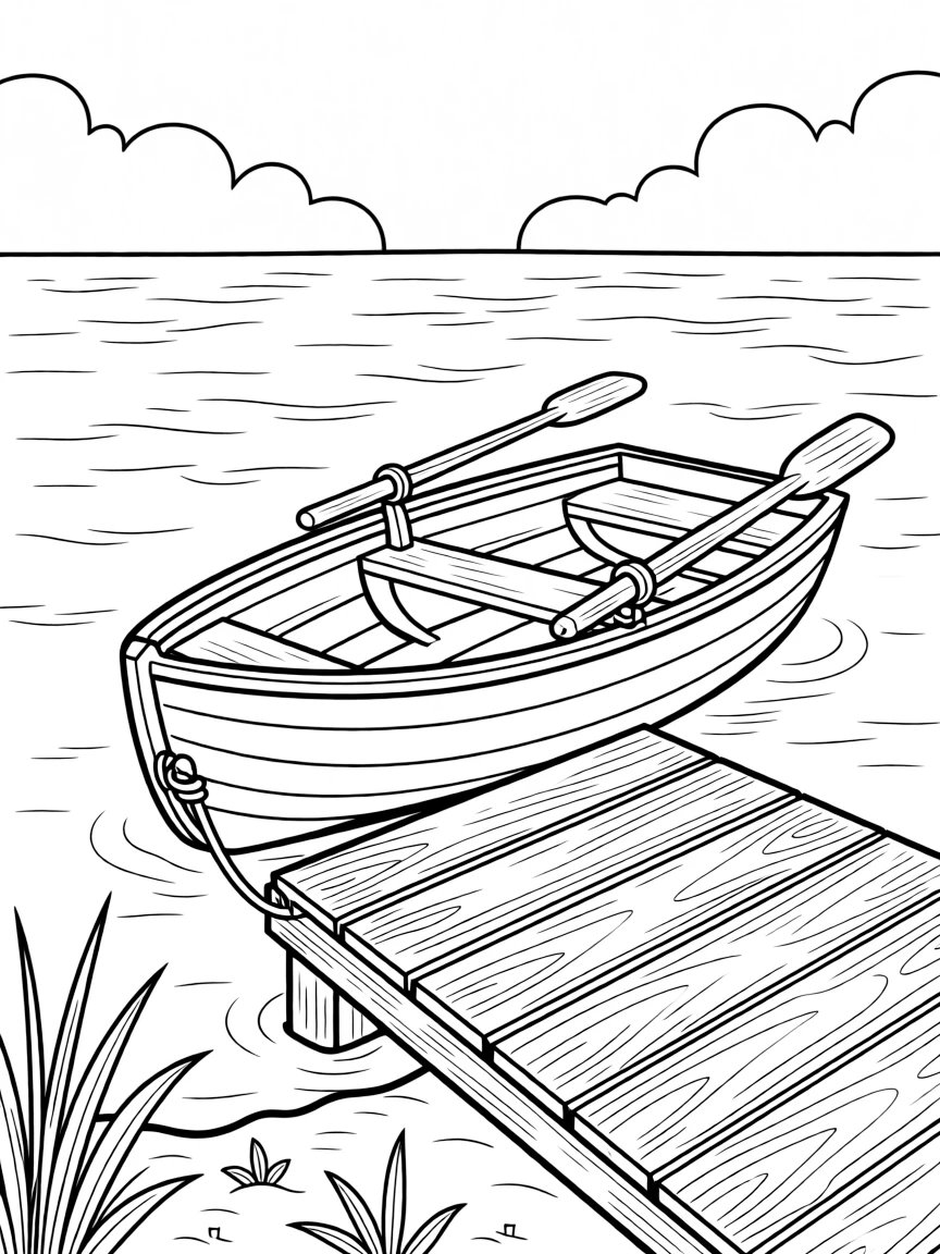 A classic rowboat tied to a lakeside dock