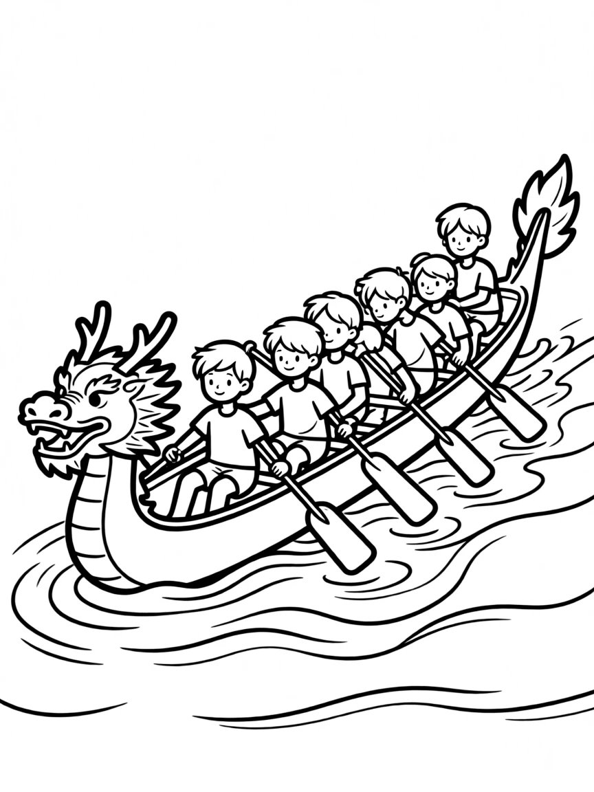 A dragon boat with team of synchronized paddlers