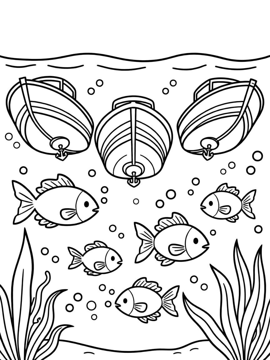 Underwater view of boats from perspective of fish