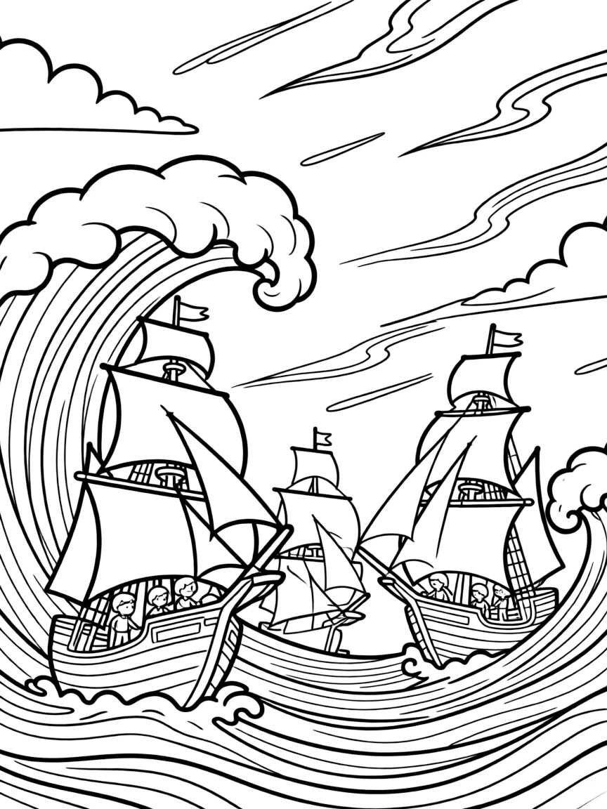Ships weathering a powerful storm with giant waves