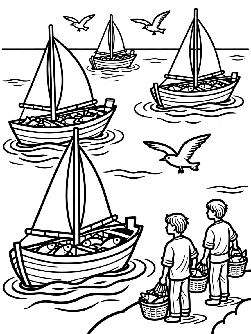 Fishing boats returning to village with daily catch