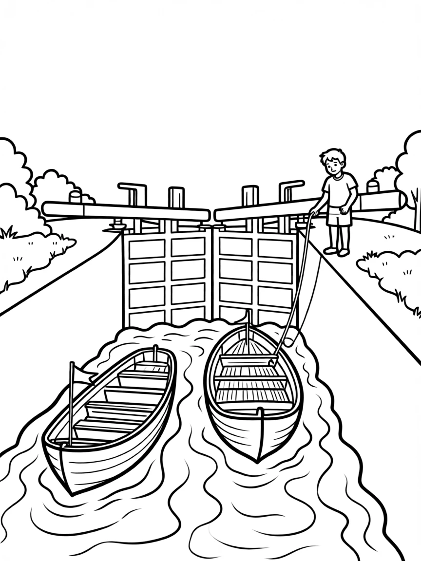 Boats navigating through a narrow canal lock system