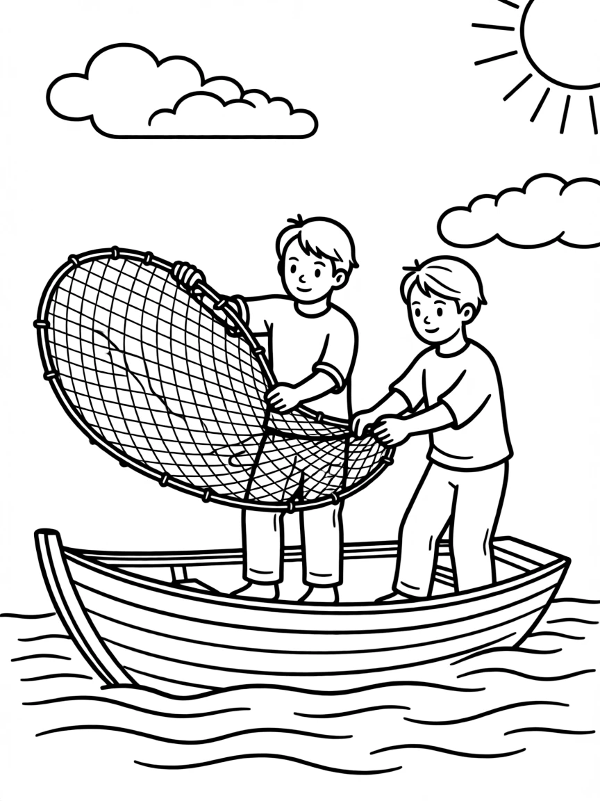 Fishermen casting nets from traditional boat