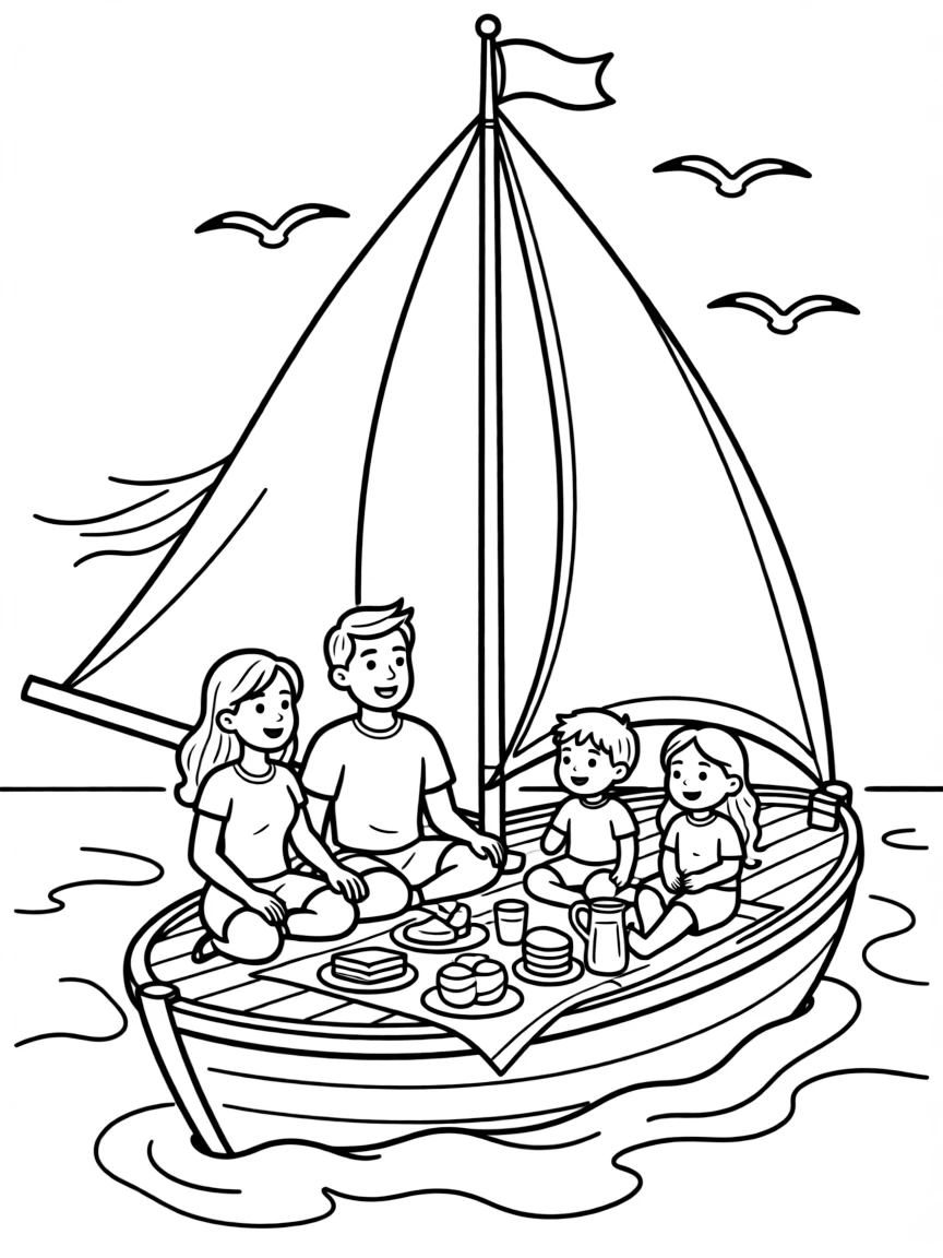 Family enjoying day on sailboat with picnic lunch