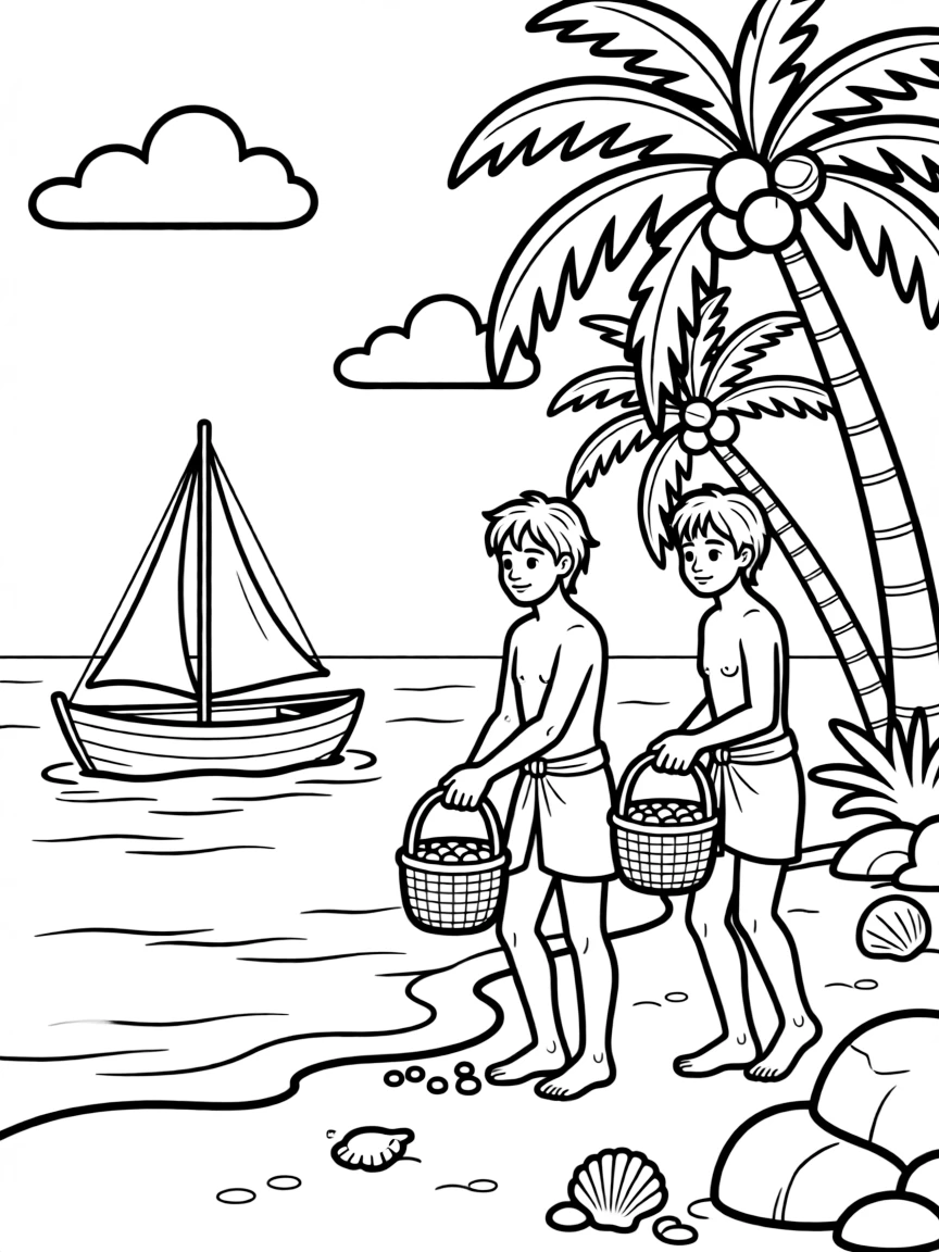 Traditional pearl divers with boats in tropical setting