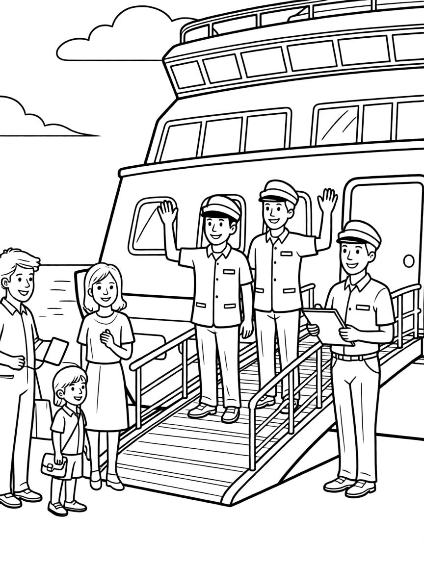 Cruise ship staff welcoming passengers aboard