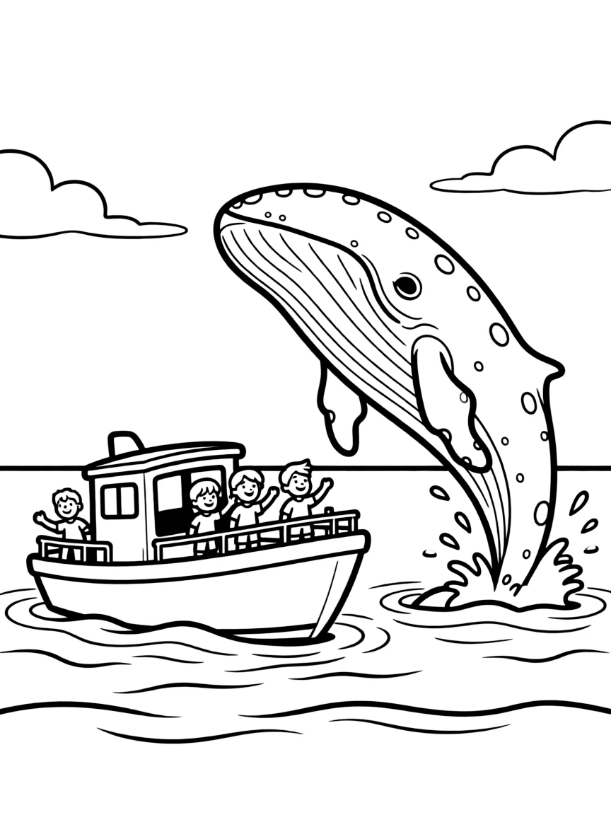 Whale watching boat with breaching humpback nearby