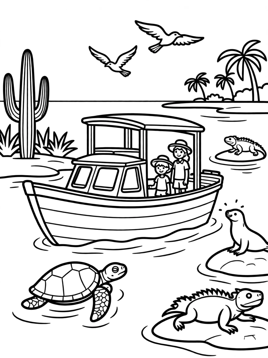 Tour boat in the Galapagos with unique wildlife visible