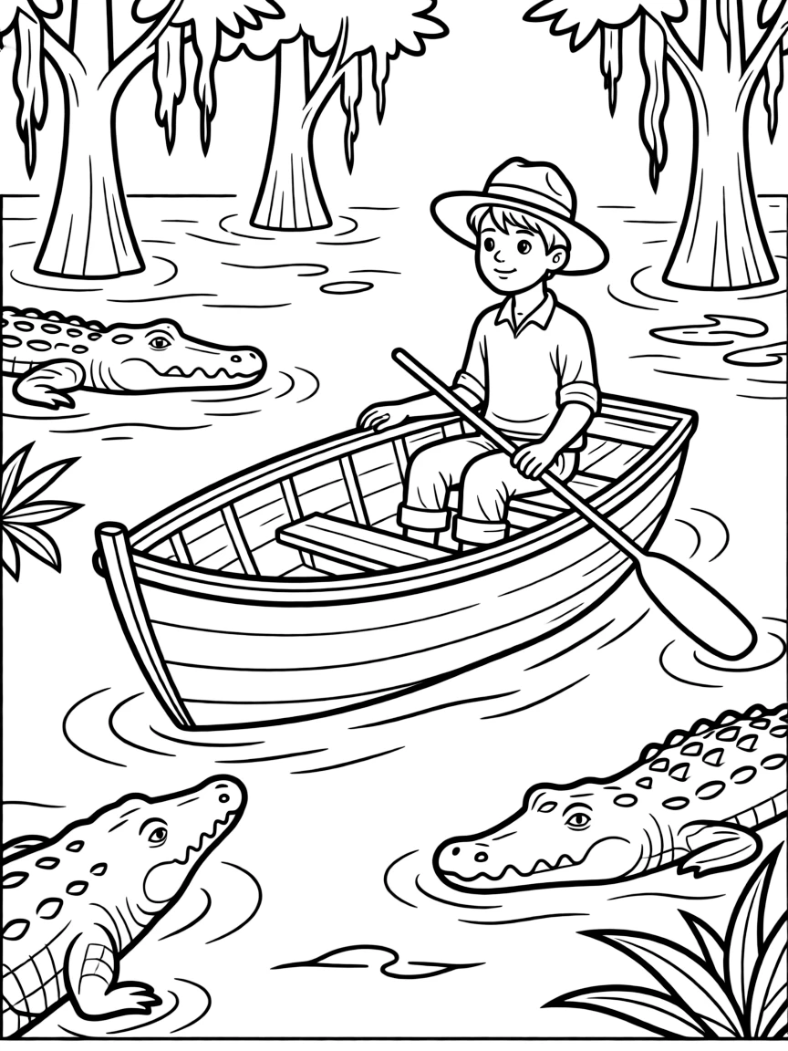 Boat in Louisiana bayou with alligators nearby