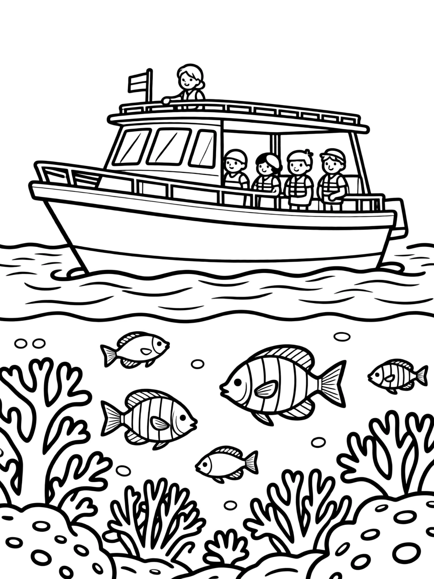Coral reef tour boat with colorful fish visible below