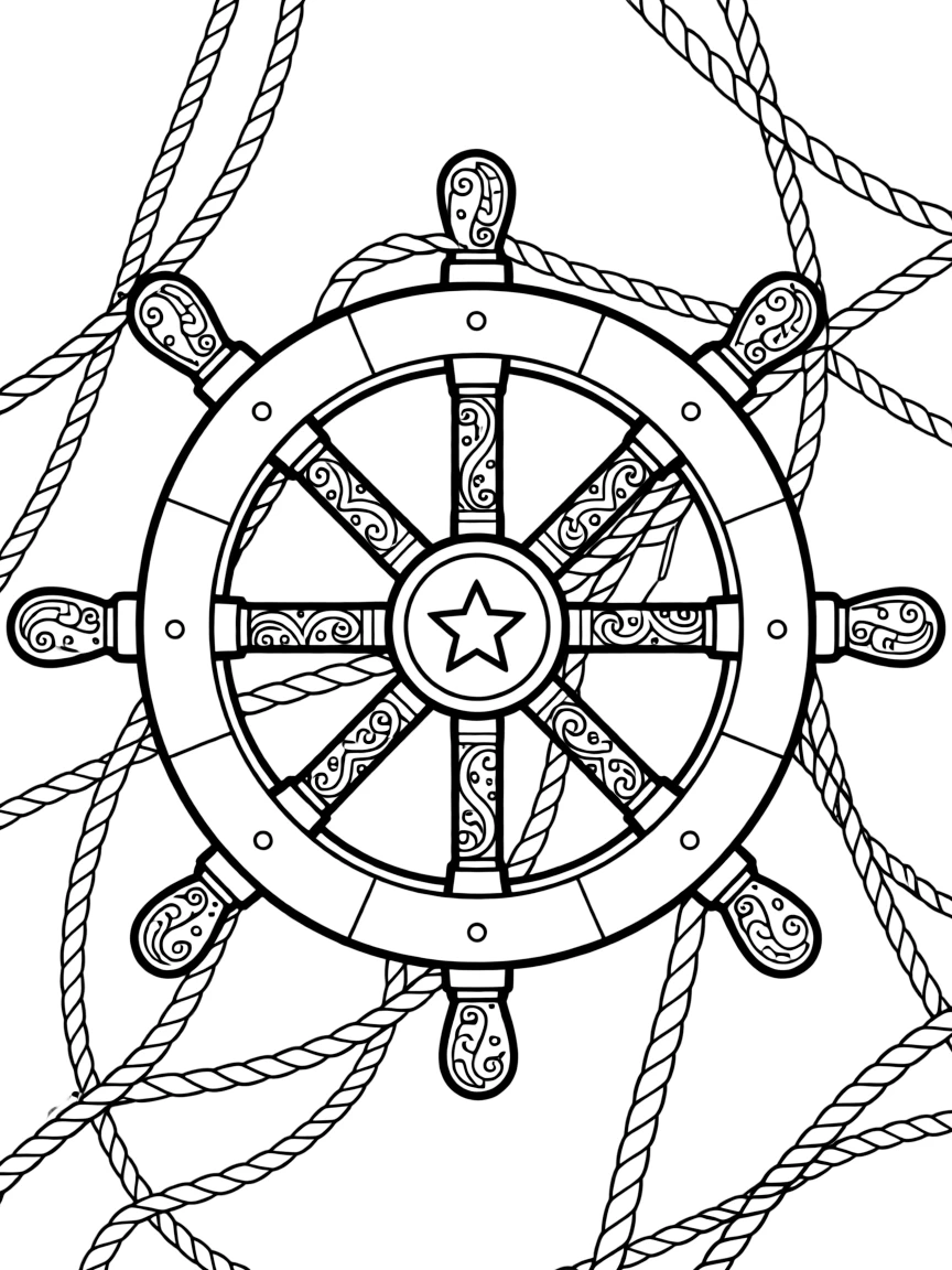Detailed ship's wheel with ornate handles