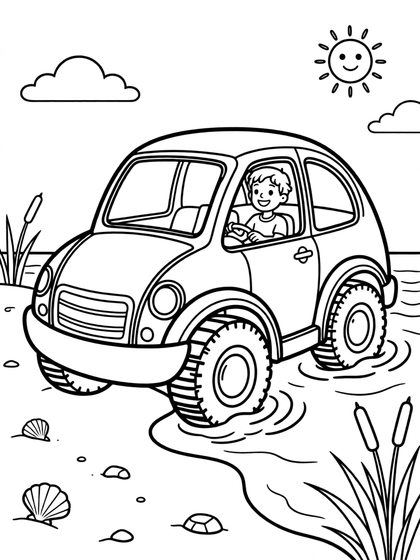 An amphibious vehicle transitioning from land to water