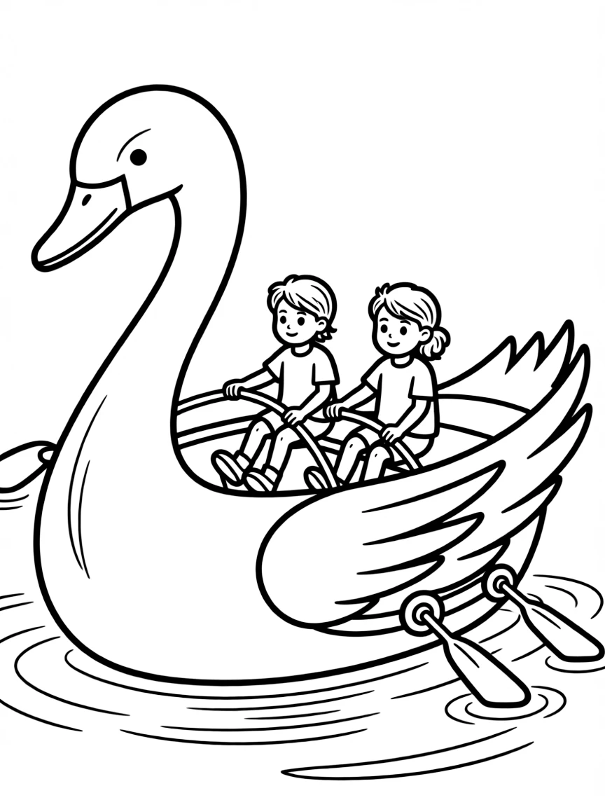 A pedal-powered paddle boat shaped like a giant swan