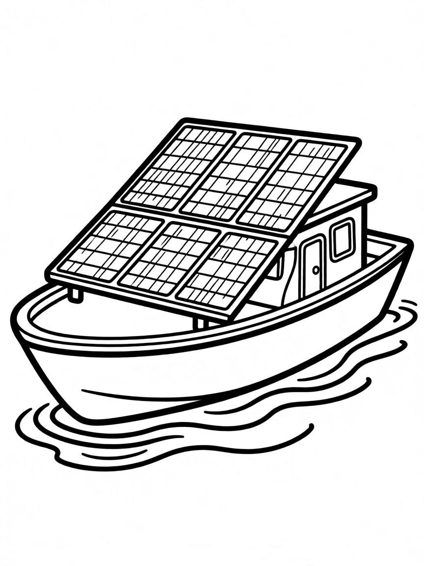 A solar-powered boat with panels covering the deck