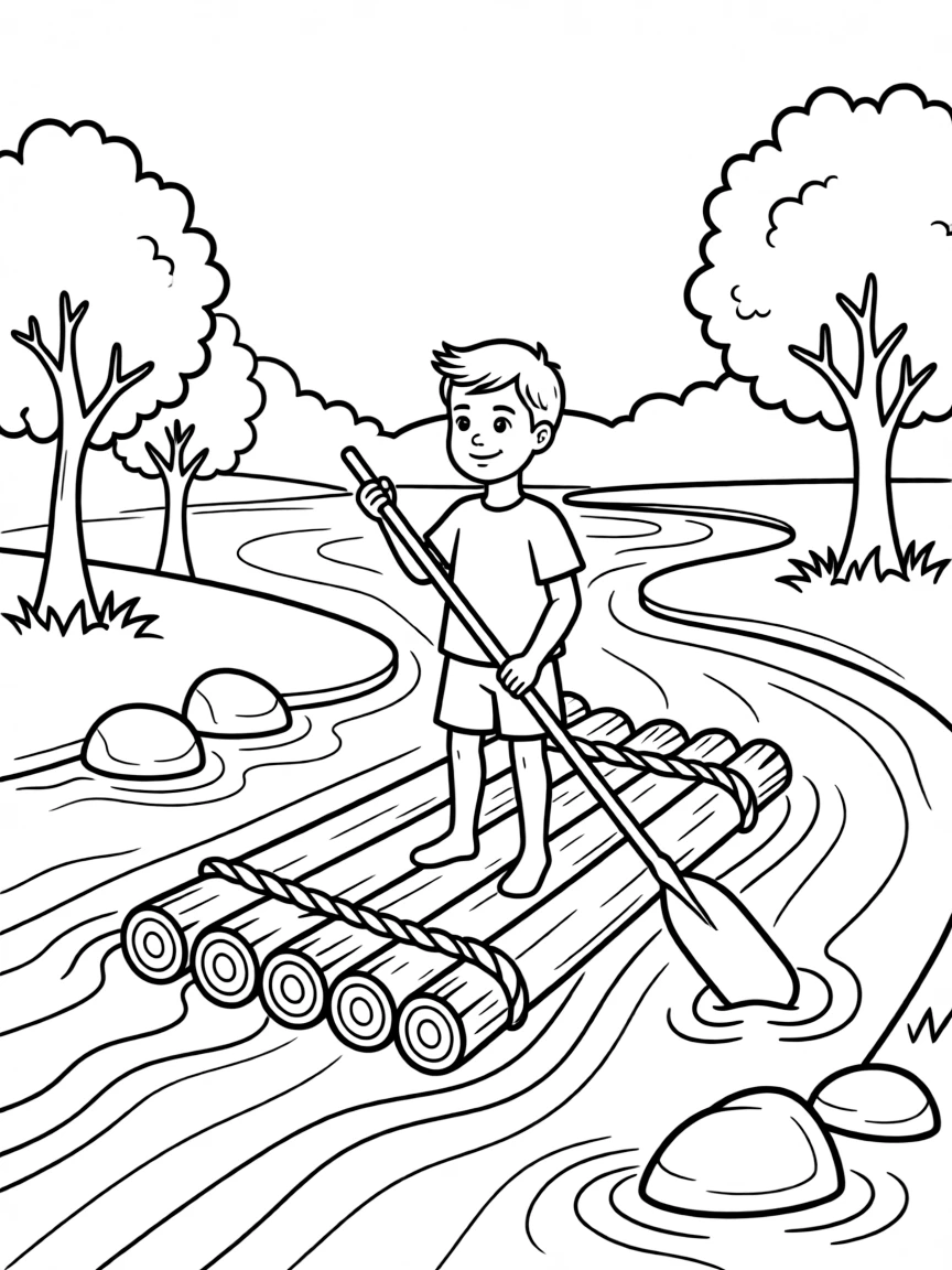 A log raft being navigated down a river