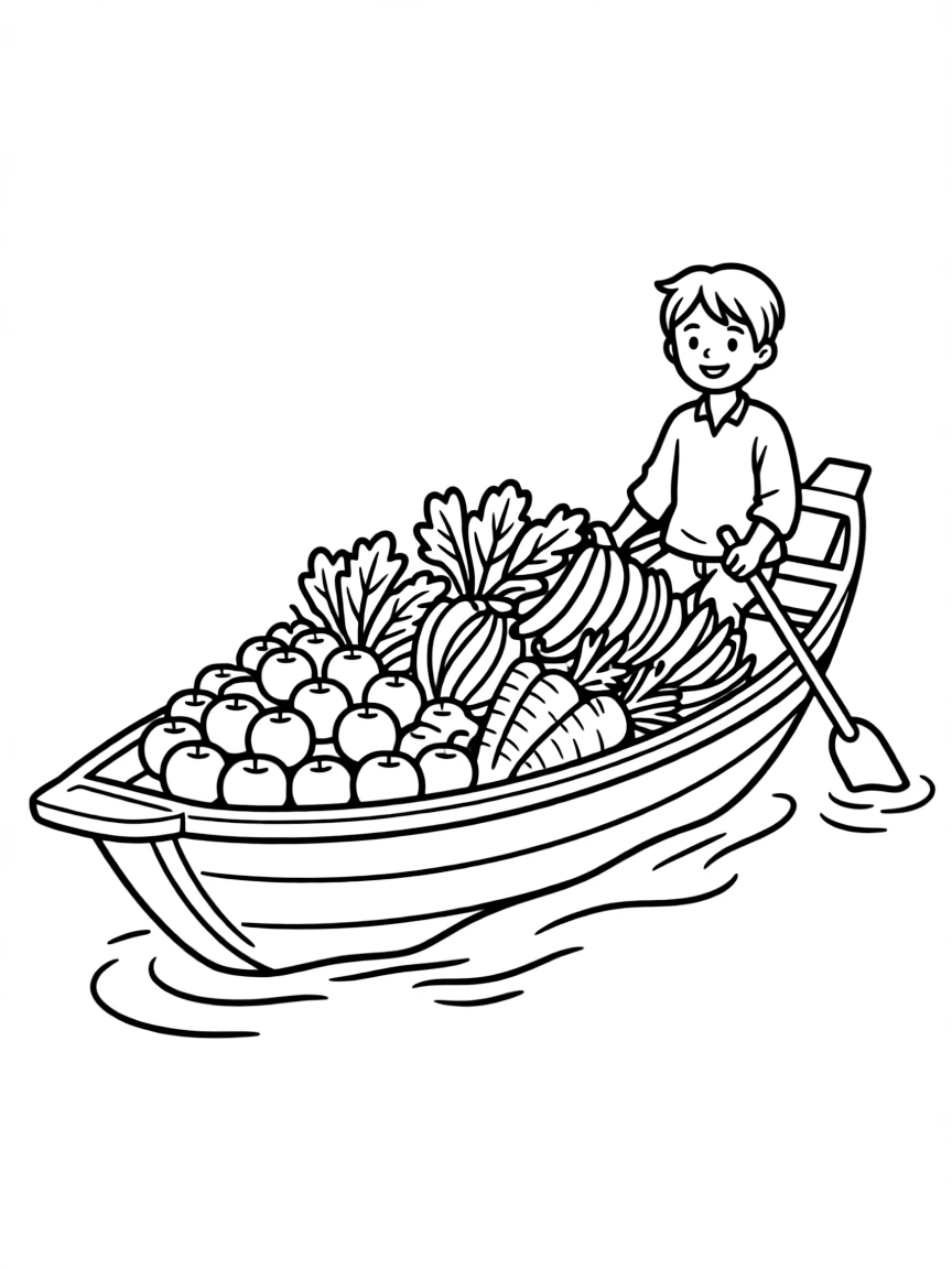 A floating market boat laden with fruits and vegetables