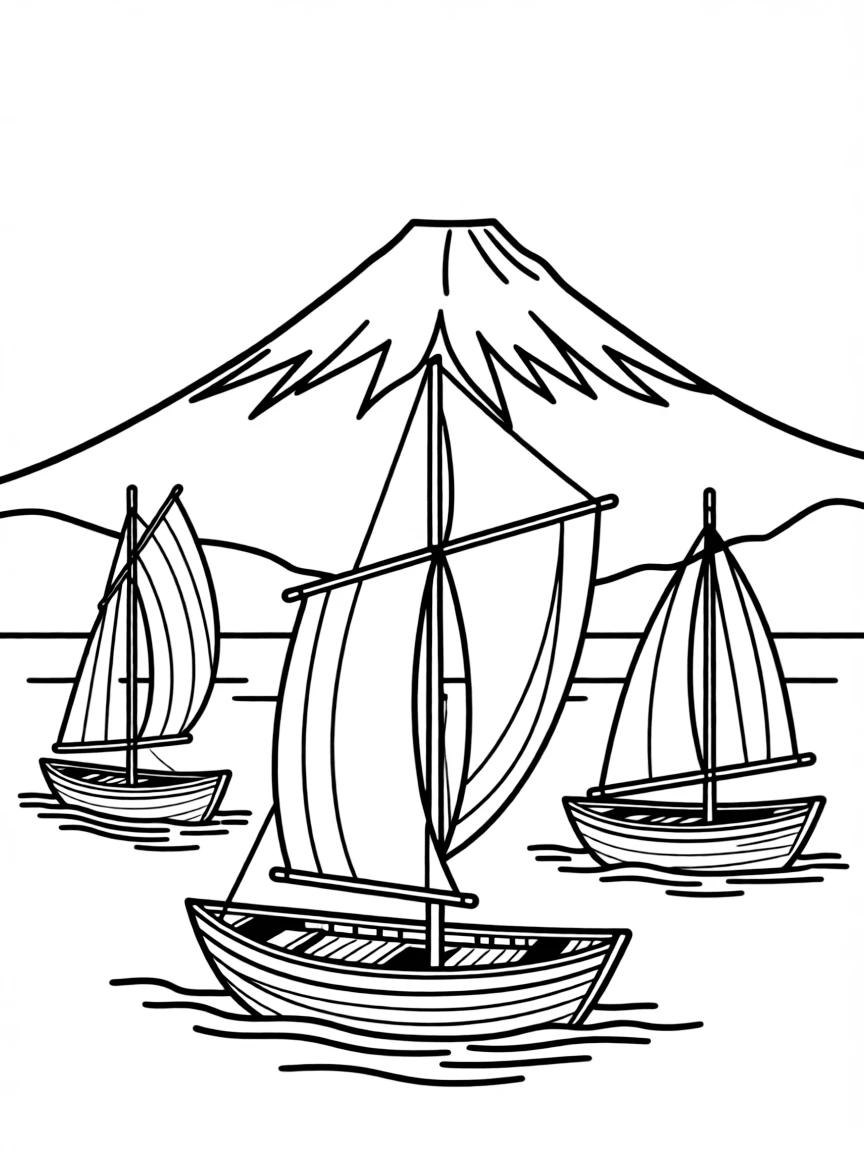Japanese woodblock print style boats with Mt. Fuji backdrop