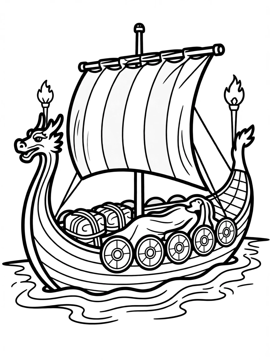 Viking funeral boat with ceremonial decorations