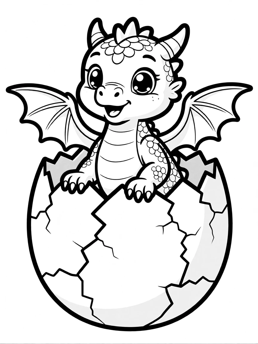 Adorable baby dragon hatching from a cracked egg, with tiny wings and a surprised expression