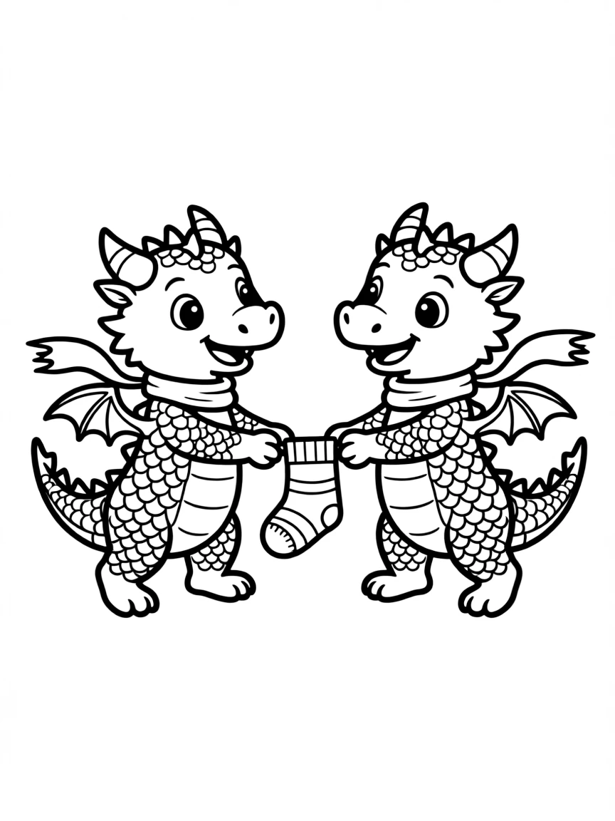 Two dragon siblings playing tug-of-war with a sock