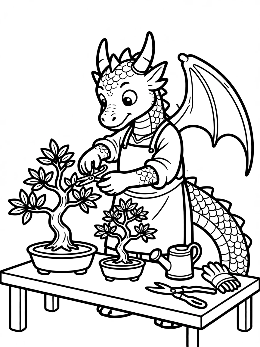 Dragon gardener tending to miniature bonsai trees