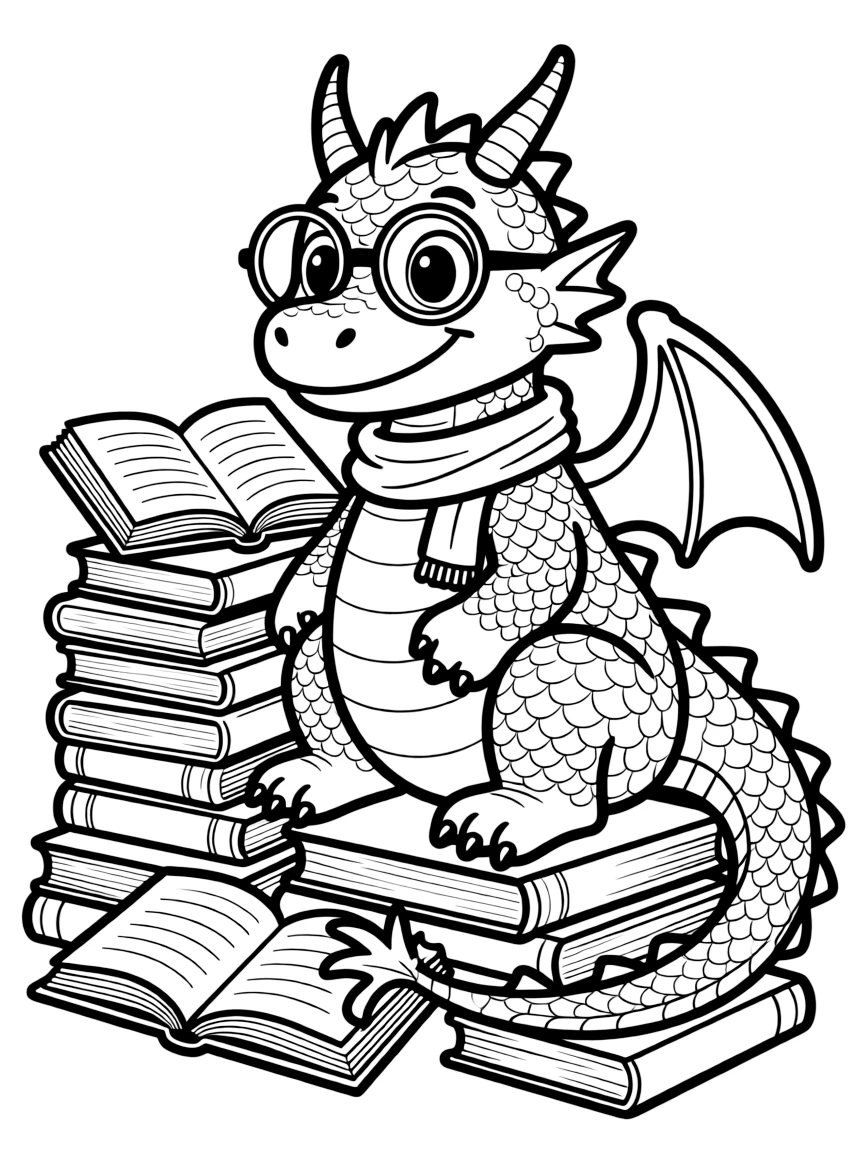 Bookworm dragon with glasses surrounded by a pile of storybooks
