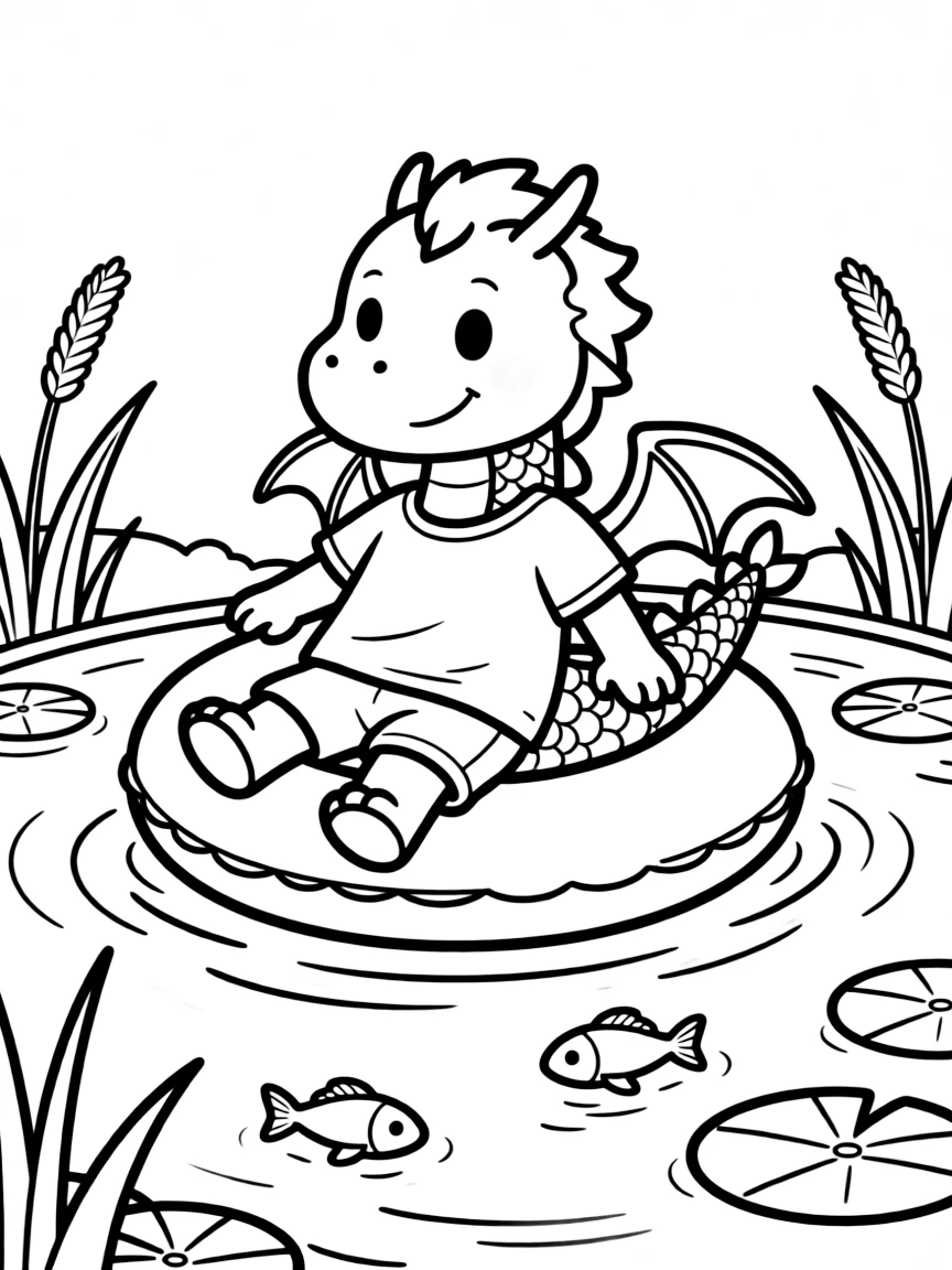 Dragon floating on an inner tube in a small pond