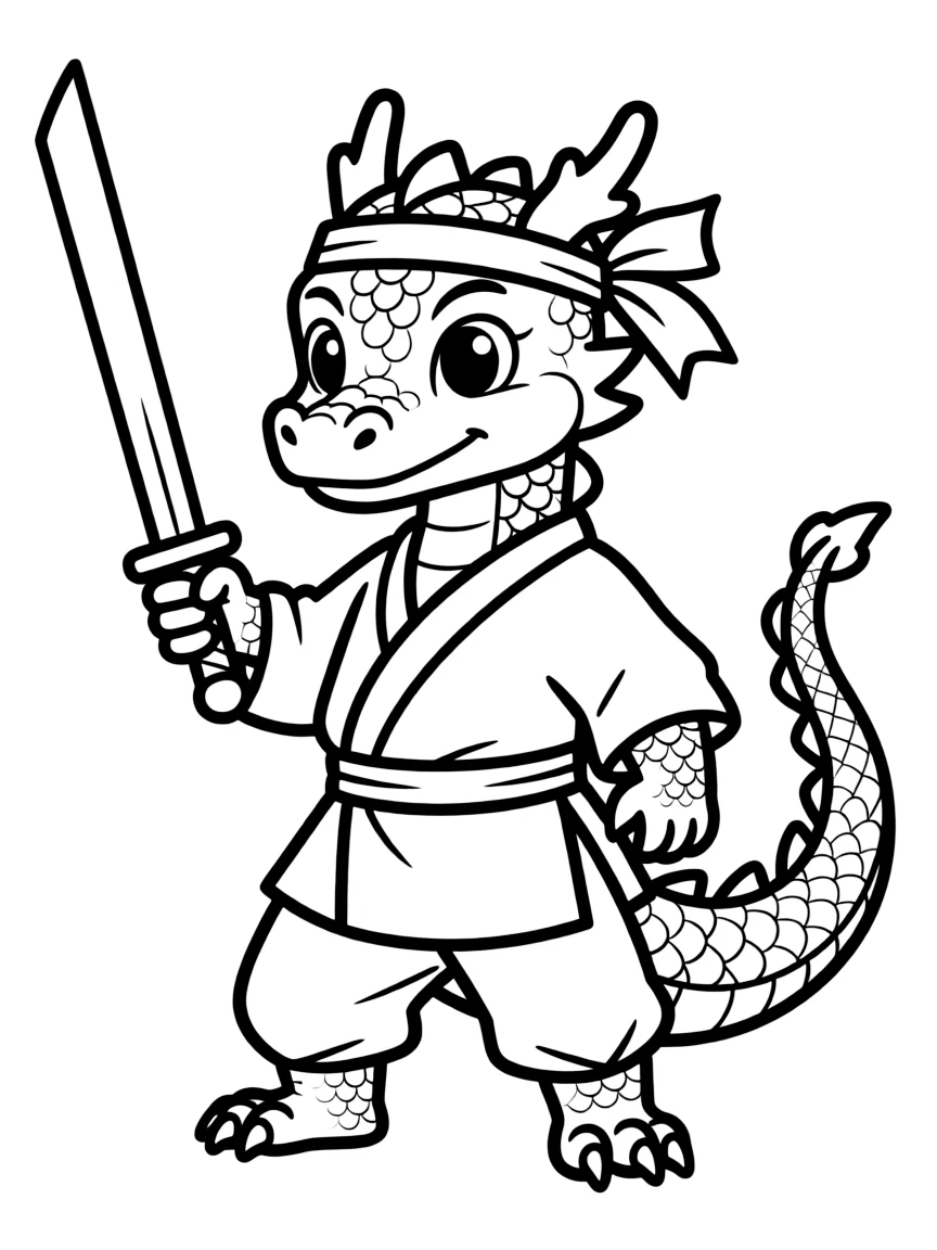 Ninja dragon in training with a tiny headband and practice sword