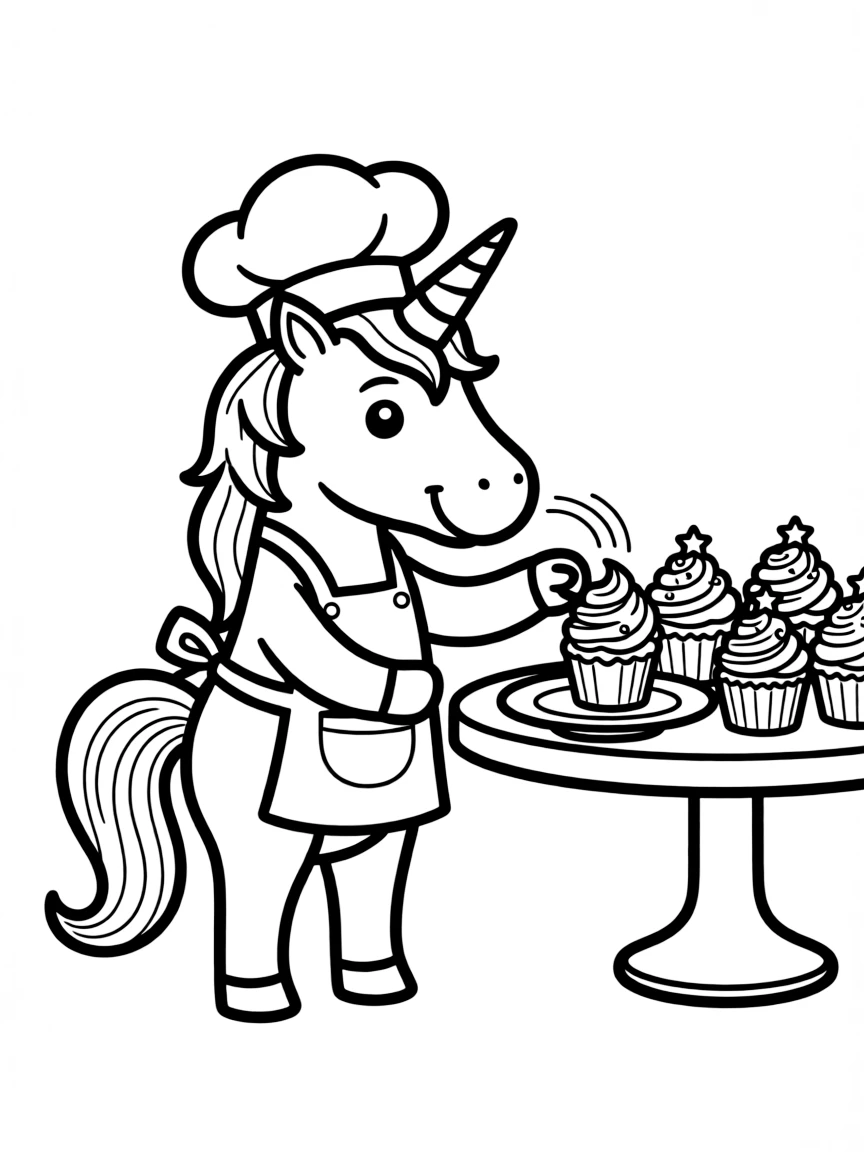 Baker unicorn decorating cupcakes with its horn