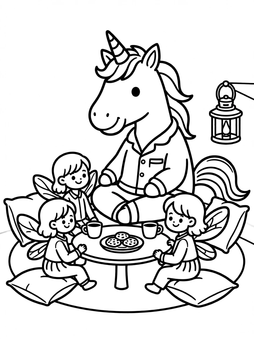 Pajama-clad unicorn having a slumber party with fairy friends